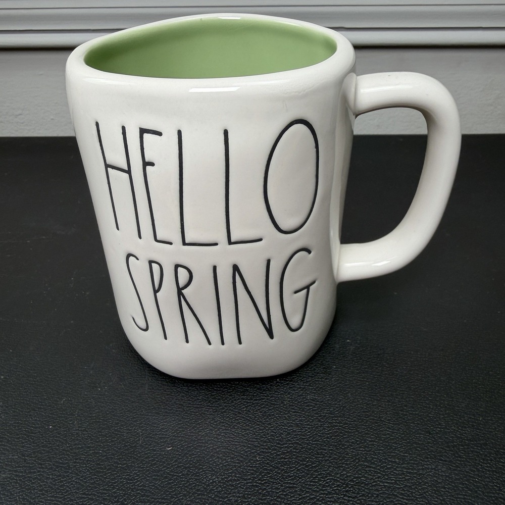 RAE DUNN MAGENTA FHLL PASTEL GREEN GLOSSY CERAMIC COFFEE MUG "HELLO SPRING"